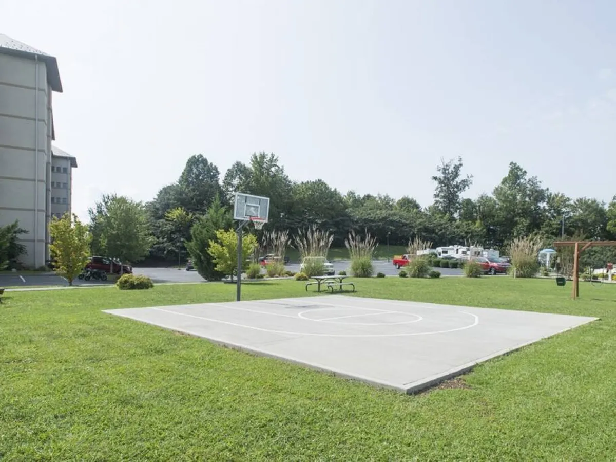 A vibrant exterior image highlighting a basketball court surrounded by lush greenery, plus a picnic table in the background. The setting is both energetic and relaxing, perfect for sports and socializing.