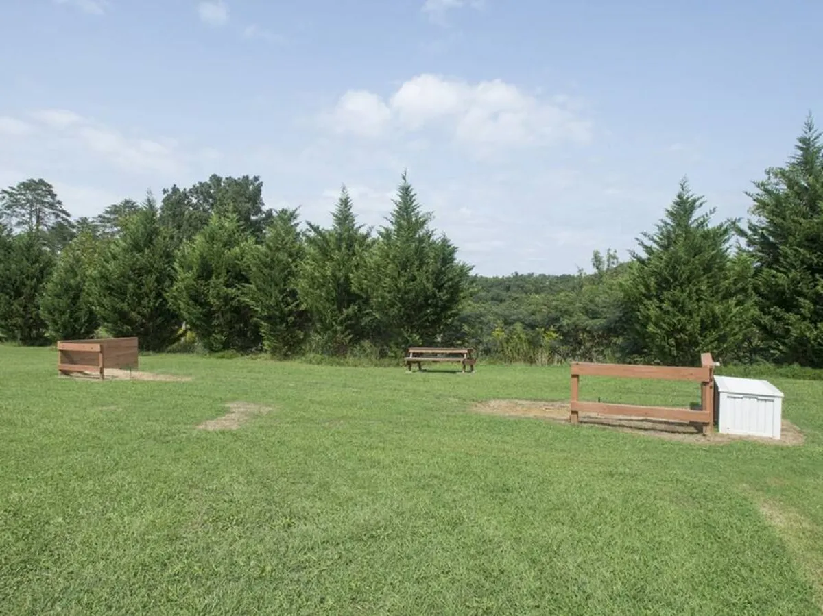 An outdoor space with green grass, benches, trees, and a distant landscape. The scene exudes peace and is suited for group picnics, casual gatherings, or simply enjoying nature with family members of all ages.